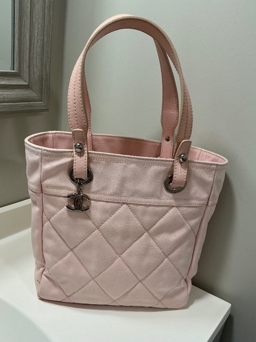 Chanel Paris Biarritz Pink canvas and leather tote RARE light pink